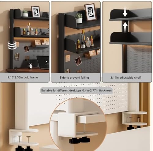 31.4in Clamp on Desk Shelf with Pegboard, White Desktop Bookshelf Organizer - Image 6