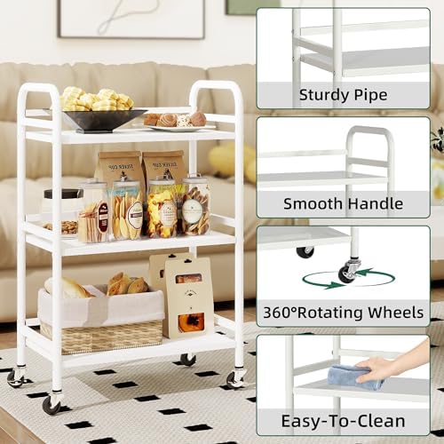 DCLRN 3 Tier Rolling Cart,Storage Organizer Cart,Multifunctional Storage Shelves,Rolling Metal Organization Cart with Handle and Lockable Wheels,for Home,Office,Kitchen,Bathroom(White) - Image 4