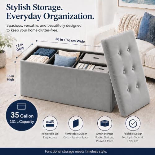 ALASDO 30 Inch Folding Storage Ottoman Bench with Hidden Storage, Velvet Storage Ottoman Foot Rest Stool, End of Bed Bench for Bedroom, Living Room, Entryway and Closet, Dark Gray - Image 5