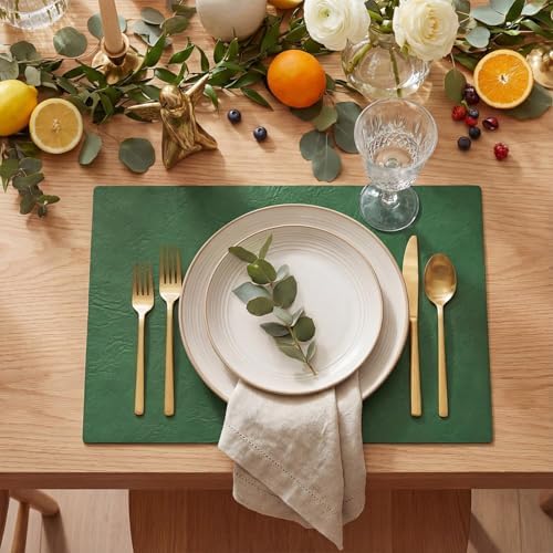 Artoid Mode Green Faux Leather Placemats Set of 8, 12x18 Inch Waterproof Wipeable Heat Resistant Vinyl Place Mats, Reversible Table Mats for Kitchen Dining Decor - Image 2