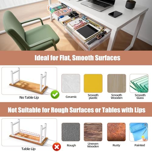 3 Pack Under Desk Drawer Slide Out Storage Organizer, Clear White 3 Sizes (S/M/L), Dual-Mount Hidden Table Tray for Tablets, Planners & Office Supplies - Image 5