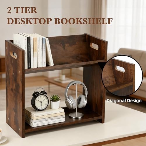 Desktop Bookshelf, 2 Tier Desk Shelf Organizer, Wood Office Tabletop Bookcase, Small Tabletop Book Rack, Portable Mini Bookcase for Book Display, Office, Home, Bedroom, Storage and Display - Image 3