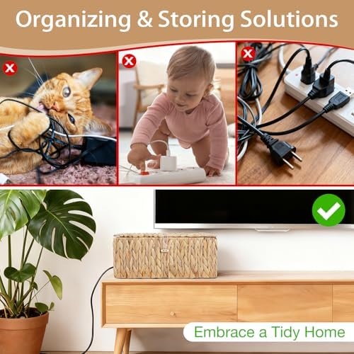 Cable Management Box with Lids-Handwoven Rattan Cord Organizer with Open Slots,Desk Organizer Box to Hide Power Strips&Cords,Office Desk Accessories Storage Basket,2 Pack - Image 4