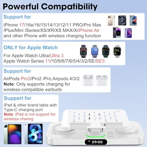6 in 1 Wireless Charger for Apple Multiple Devices, Charging Station with Clock &7 Color Ambient Light, Foldable Rotate Stand for iPad, for iPhone17/16/15, Support for Apple Watch11/10 for AirPods4 - Image 2