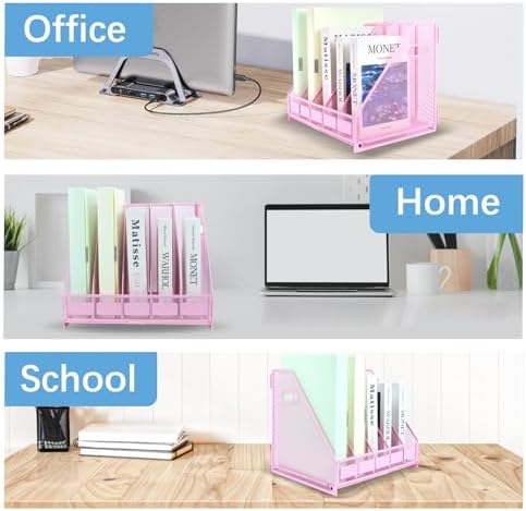 Desk Organizers Metal Magazine File Holder Racks Desktop Folder Storage Binder Organiser Document Organization for Home Office & Classroom,5 Vertical Compartments-Pink - Image 7