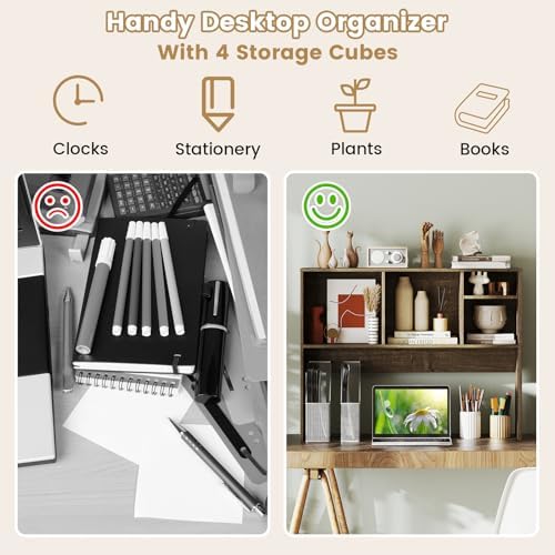 LDAILY Desktop Bookshelf, 2-Tier Office Desk Shelf Organizer with 4 Shelves, 37’’L Wood Storage Rack Display Shelf for Computer Desk, Office, Dorm, Bedroom (Grey) - Image 4