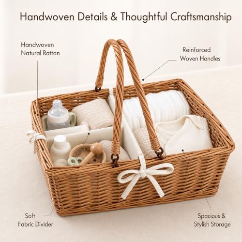 Wicker Diaper Caddy Organizer, Woven Rattan Diaper Caddy Basket with Removable Divider for Changing Table, Portable Car Organizer for Diapers Storage, Baby Shower Gifts - Image 3