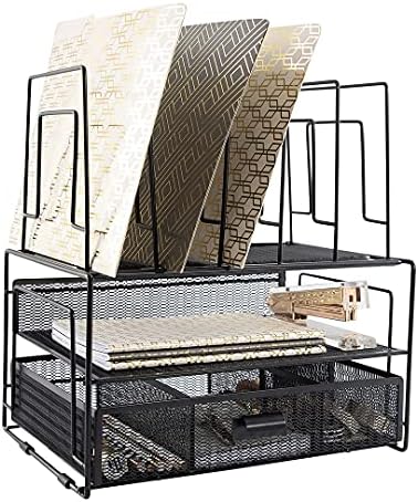 BLU MONACO | Black Wire Mesh Desk Organizer with Drawer | Desk Associates Women Office Set | File Sorters and Mesh Pen Holders Desktop Storage System by Blu_Monaco