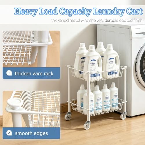 2 Tier Small Utility Cart on Wheels Short Rolling Pantry Cart Thick Metal Wire Basket Stand, Fruit Vegetables Storage Rack for Kitchen, Under Desk Storage for Small Space Bathroom Laundry, White - Image 6