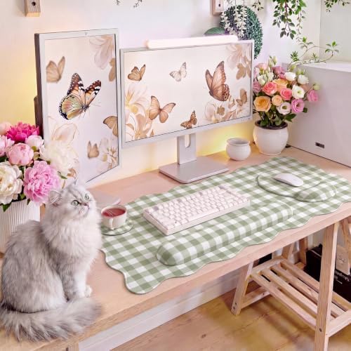 Sabary Gingham Desk Mat Scalloped Sage Green, 31.5 x 15.7 Inch - Image 6