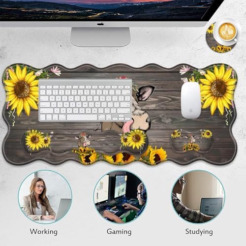 4 in 1 Desk Mat Set,Mouse Pad with Keyboard Wrist Rest,Wave-Shaped Design,Non-Slip Rubber Base,Waterproof,for Home,Office,Gaming,Cute Cow and Sunflower - Image 6