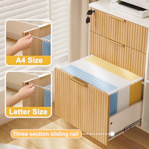 INNOD 3 Drawer Fluted Mobile Filing Cabinet with Lock, Lateral Rolling Under Desk File Cabinet, Wooden Printer Stand Table for Home Office Essentials Storage Organization Furniture Letters/A4(Oak) - Image 3