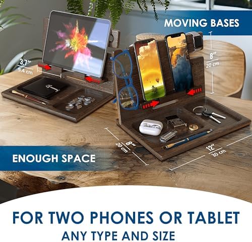 BarvA Two Phone Docking Station | Night Stand Desk Organizer | Wood Nightstand Organizer | Tablet Smart Watch Earbuds Charging Station | Upgraded Dresser Phone Stand | Bed Room Decor Gifts for Men - Image 3