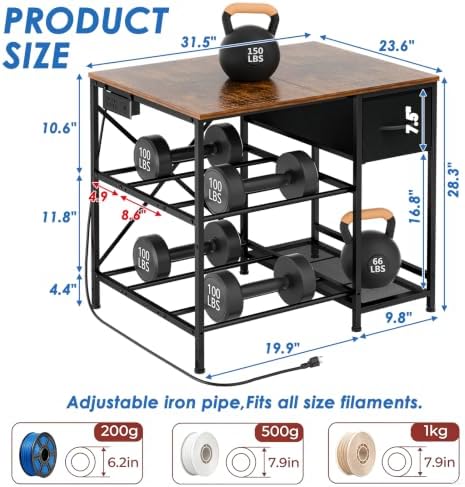3D Printer Table with Filaments Storage, 3D Printer Stand Storage Rack with Drawer, Wood Desktop Printing Workstation with 4-Tier Spool Holder for Workshop Studio Office - Image 5