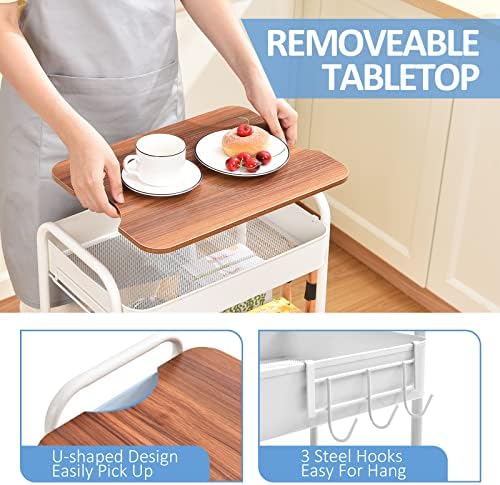 TOOLF 3 Tier Rolling Cart, Metal Utility Storage Cart with Wheels, White - Image 3