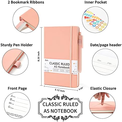 feela 5 Pack Notebooks Journals Bulk, Hardcover Classic Ruled Lined Journals with Pen Holder for Women Girls School Business Supplies, with 5 Black Pens, 120 GSM, 5.1”x8.3”, A5, Light Coral - Image 2