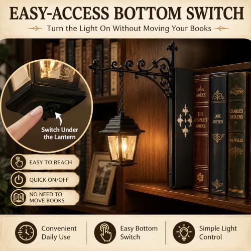 Library Lantern Bookshelf Lamp, Warm LED Bookshelf Lighting, Vintage Black Metal Lantern Bookend for Reading Nook, Home Library, Gift for Book Lovers-3Pack - Image 3