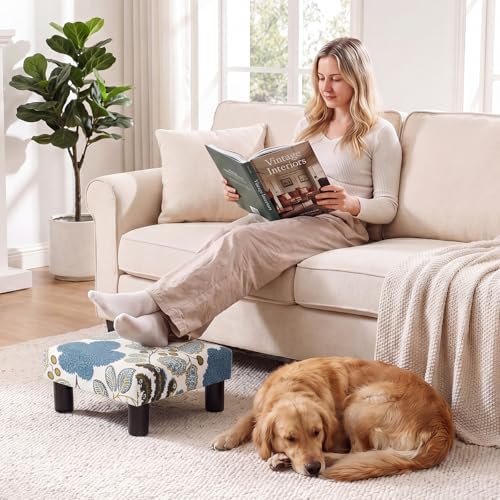 Joveco Small Foot Rest Stool Ottoman, Square Upholstered Fabric Footstool for Couch, Under Desk, Office, Living Room, Blue Floral - Image 3