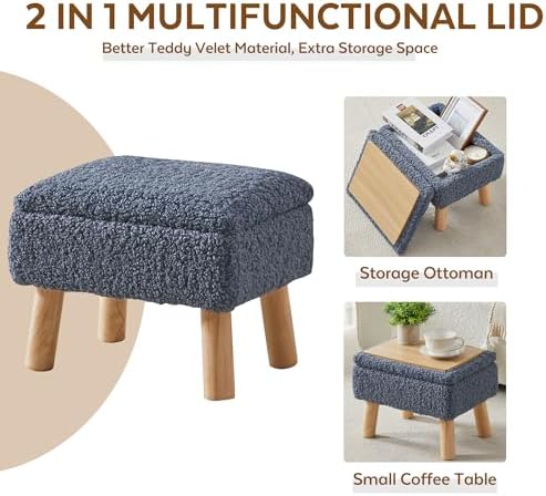 Storage Ottoman, Small Foot Stool Ottoman with Storage, Teddy Velvet Foot Rest with Wood Legs, Footstool for Living Room, Bedroom, Entryway, Blue - Image 5
