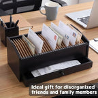 Wood Desktop Organizer with Drawer, 17 Inch 32 Section Bill & Mail & File Organizer Storage for Office Desk, Desktop Mail Holder and Office Supplies Storage, Letter and Paper Sorter(Black) - Image 5