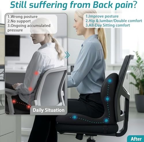 Memory Foam Seat Cushion,Office Chair Cushion with Lumbar Support for Back Pressure Relief, Car Seat Cushion with Adjustable Strap,Sciatica Pad Cushions for Car,Truck, Desk,Gaming Chair - Image 4