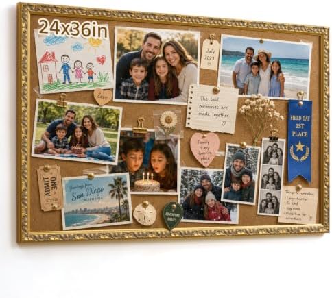 24x36 Cork Bulletin Board with Vintage Gold Ornate Frame for Notes Memories by FOLKOR