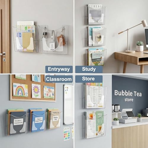 PAG-Mass 6-Pocket Clear Wall Mount File Organizer for Office, Vertical Hanging Document Paper Folder Holder for Home, Letter Size Mail Sorter, Transparent Magazine Literature Rack with Mounting - Image 3