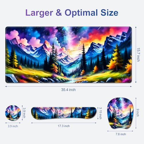 4 in 1 Large Mouse Pad, Keyboard Wrist Rest Set, Ergonomic Mouse Pad with Wrist Support, Desk Mat with Stitched Edges Extended Desk Pad Waterproof Desk Mat for Home Office Game I Landscaping Mountain - Image 6