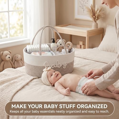 Baby Diaper Caddy Organizer with Removable Compartments, 18"L x 13"W x 9"H Super Large, 100% Handmade Woven Cotton Rope, Portable Nursery Storage Basket for Car and Changing Table, Shower Newborn Gift - Image 3