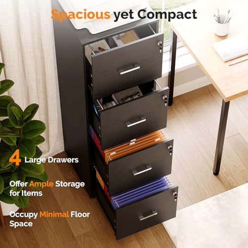 VINGLI 4 Drawer File Cabinet with Lock, Home Office Filing Organizer, for Letter Size File Folder Storage, Wood Tall Vertical Filing Cabinet, Printer Stand, Archivador (Black) - Image 4