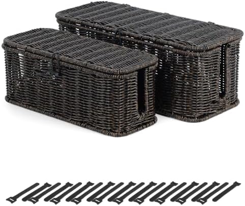 Cable Management Box, Cord Organizer with Lid & Cable Ties - Black Set by BROWNLILY