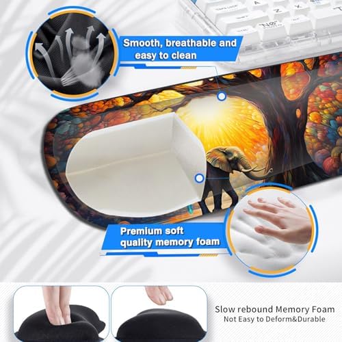 Large Gaming Mouse Pad+ Keyboard Wrist Rest Set, Ergonomics Memory Foam Mouse Mat Wrist Rest Support, Waterproof Extended Mousepad 31.5x11.8in, Colorful Tree of Life and Elephant Desk Pad - Image 4
