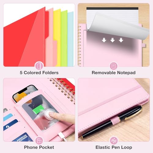 Ospelelf Leather Clipboard with Storage, Spiral Clipboard Folio for Letter Size with Phone Pocket, Zipper Pouch and 5 Dividers, Portfolio Organizer for Office, School Pink - Image 4