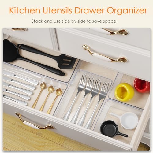 Criusia Drawer Organizer, 10 Pack Large Clear Plastic Set, 3 Size Versatile Bathroom and Vanity Organizer Trays, Storage Bins for Makeup, Bedroom, Kitchen Utensils - Image 4
