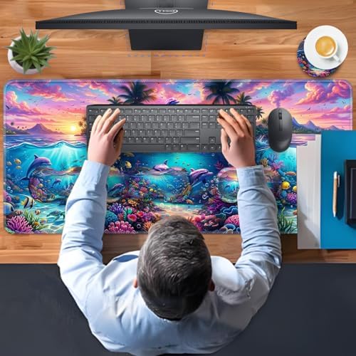 TGFEWYTJYJ Extended Gaming Mouse Pad,Memory Foam Ergonomic Keyboard Mouse Wrist Rest Support Set,Large Desk Mat with Stitched Edges,Non-Slip Base Mousepad Home Office,Dolphin Dream Underwater - Image 7