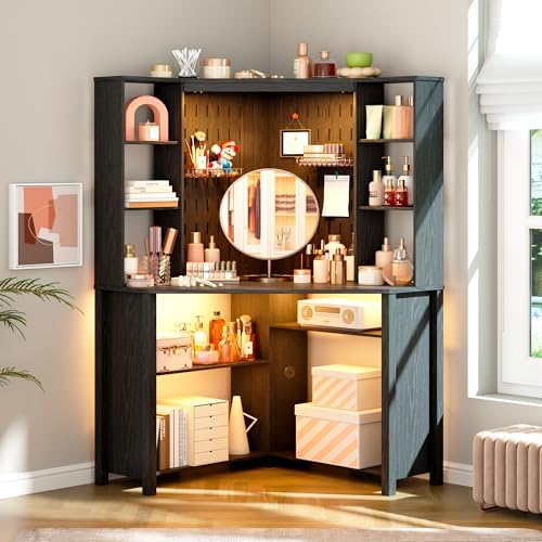 Corner Desk with Shelves-&LED Reading Light,Triangle Home Office Desk w/Charging Station for Work & Study,File Cabinet Storage Bookshelf for Small Space （Black） - Image 3