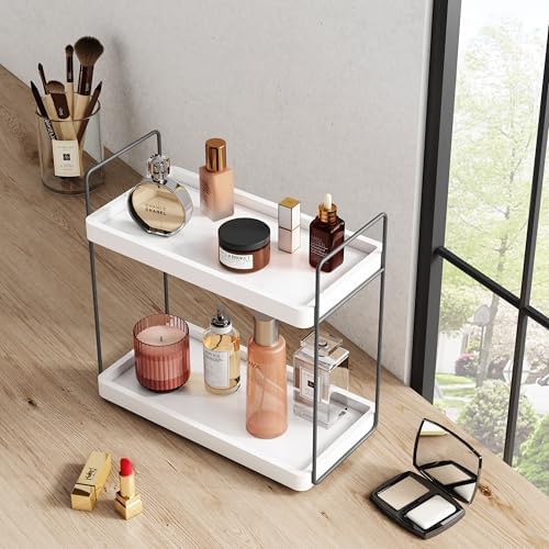 Forbena White Bathroom Organizer Countertop, Kitchen Counter Shelf Organizer for Coffee Bar Station, Makeup Vanity Organizers and Storage, Tiered Sink Tray for Perfurm Skincare (White and Grey) - Image 6