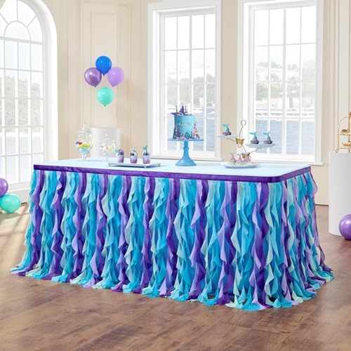 leegleri 14FT/168inch Mermaid Curly Willow Tulle Ruffle Table Skirt Rectangle Tables or Round Tables, Blue Tutu Table Skirt for Baby Shower Baby Shark Birthday Party - Image 6