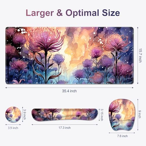 4 in 1 Large Mouse Pad, Keyboard Wrist Rest Set, Ergonomic Mouse Pad with Wrist Support, Desk Mat with Stitched Edges, Extended Desk Pad Waterproof Desk Mat for Home Office I Blossom Purple Flower - Image 6