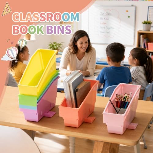 Geetery 12 Pack Non-Tip Book Bins with Stabilizer Wings,lables, Pastel - Image 4