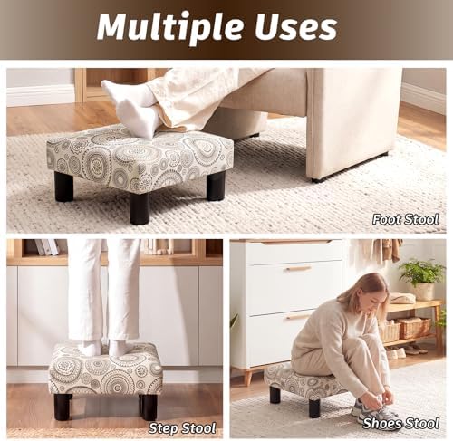 Joveco Small Foot Rest Stool Ottoman, Square Upholstered Fabric Footstool for Couch, Under Desk, Office, Living Room, Printing Beige - Image 5