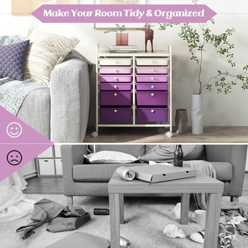 LDAILY 12 Drawer Rolling Storage Cart, Craft Cart Organizer on Wheels with Metal Frame, Large Capacity & Smooth Drawers for Living Room, Classroom, Office (Gradient Purple) - Image 6