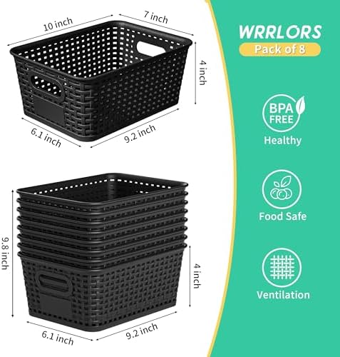 8 Pack Plastic Storage Baskets,Black Stackable Bins with Lid - Image 3