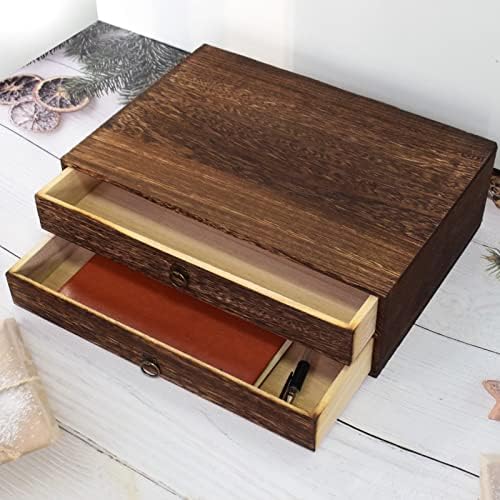 2-Drawer Wooden Desk Organizer Wood Desktop Storage Cabinet A4 File Cabinet Tabletop Storage Box Desk Drawer Organizer Paper Holder Carbonization for Home Office Workspace - Image 4