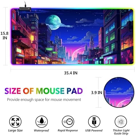 AIMSA RGB Gaming Mouse Pad, Large Mousepad with 14 Led Light Modes, Keyboard Pad Gaming Accessories for Desk, Non-Slip Rubber Base Mouse Mat for Gamer, Modern Urban Night Scene - Image 7
