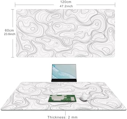 Cacoy 48"x24" White Topographic Large Gaming Mouse Pad Extended PC Desk Mat - Image 2