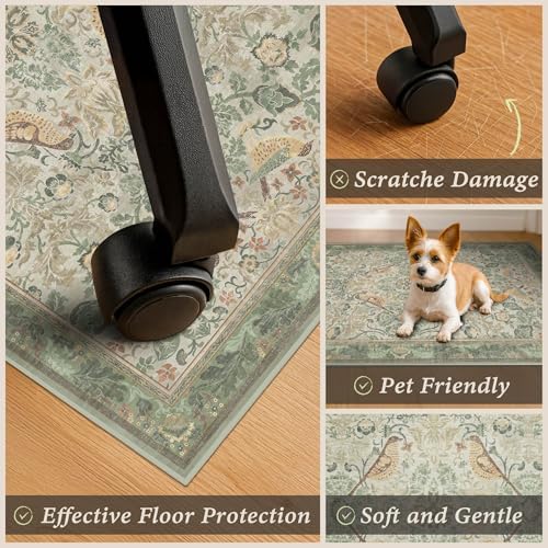 JTJ 4x5 Office Rug for Rolling Chairs, Sage Green Vintage Bird Botanical - Image 4
