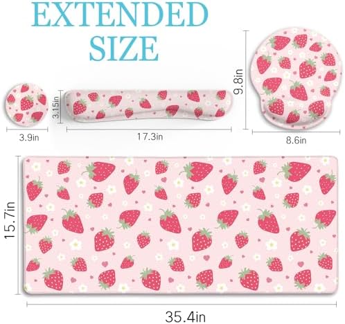 LIMKRIAN Strawberry Mouse Pad Large Desk Mat Set, Pink Ergonomic Mouse Pad - Image 6