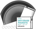 SUNEE 100 Packs Oversized Reusable Dry Erase Pocket Sleeves with 5 Rings, Black 10x14 Ticket Holders, Clear Plastic Sheet Protectors, Teacher School Classroom Supplies by SUNEE