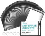 SUNEE 100 Packs Oversized Reusable Dry Erase Pocket Sleeves with 5 Rings, Black 10x14 Ticket Holders, Clear Plastic Sheet Protectors, Teacher School Classroom Supplies by SUNEE